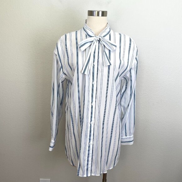 Elizabeth and James Womens Large White Blue Striped Tie Neck Shirt Button Up Top - Picture 1 of 10